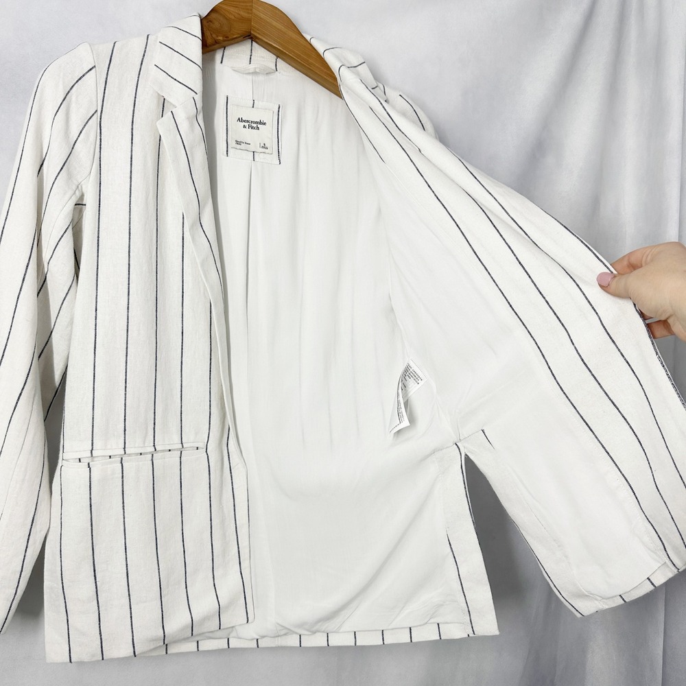 Abercrombie & Fitch Linen Pinstripe Long Sleeve White Blazer Womens Size Small - Picture 6 of 14